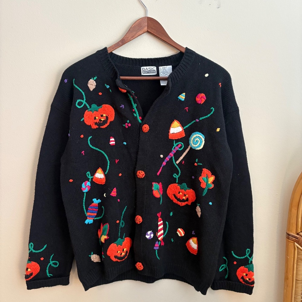 Vtg 90's Basic Editions Holiday Halloween Embroidered Knit Cotton Blend Cardigan
